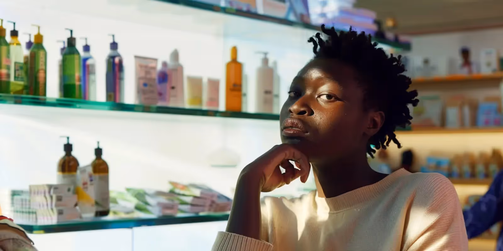 Mulher em sua loja de cosméticos, se perguntando quem criou o pix.