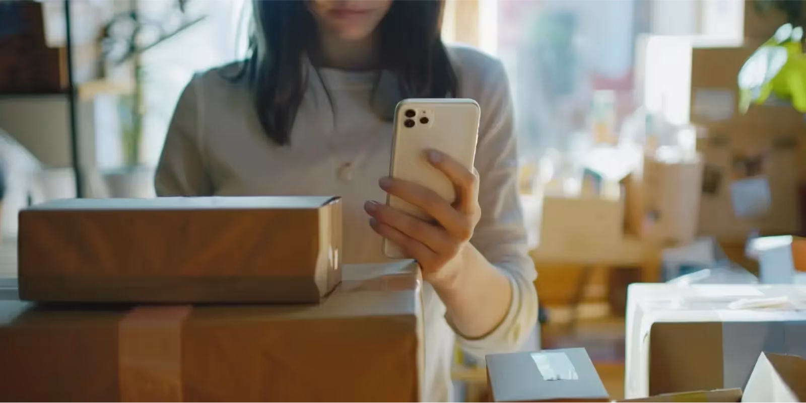 Mulher segurando um celular entre várias caixas de encomendas, simbolizando a ação de cobrar com link de pagamento