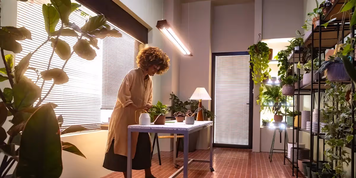 Empreendedora cuidando de plantas em um ambiente interno iluminado, com diversas plantas ao redor, ilustrando o tema como abrir um CNPJ.