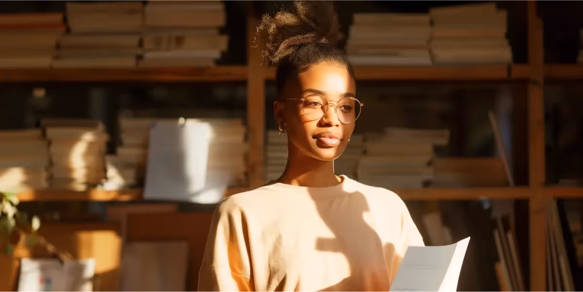 Jovem segurando um livro em um ambiente de escritório, com luz suave iluminando seu rosto, ideal para ilustrar conteúdo sobre como abrir uma empresa.