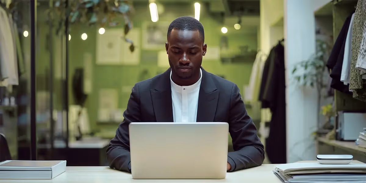 Homem de terno preto concentrado trabalhando em um notebook em um ambiente moderno, sugerindo o desenvolvimento ou a administração de um site de vendas online