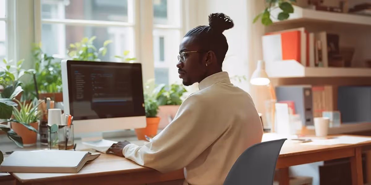 homem sentado na frente do computador analisando sua página de vendas