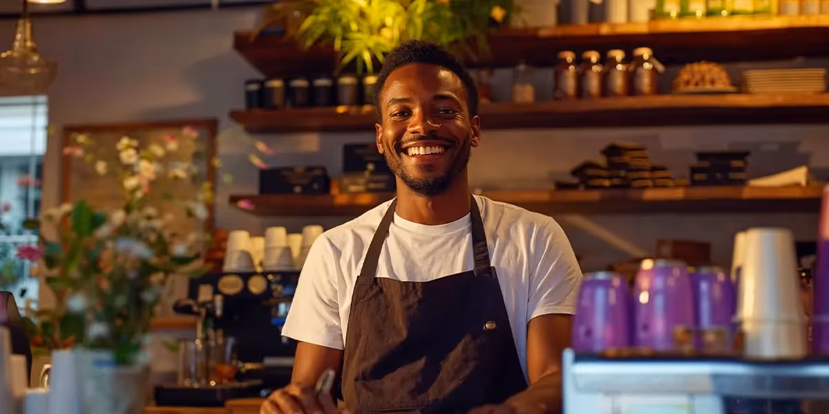 Pequenos negócios que dão lucro: um barista sorridente atrás do balcão de uma cafeteria, vestindo avental marrom. A cafeteria tem prateleiras de madeira ao fundo com copos, livros e plantas decorativas.