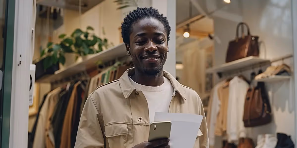 Homem pagando um boleto Pix em uma loja de roupas.