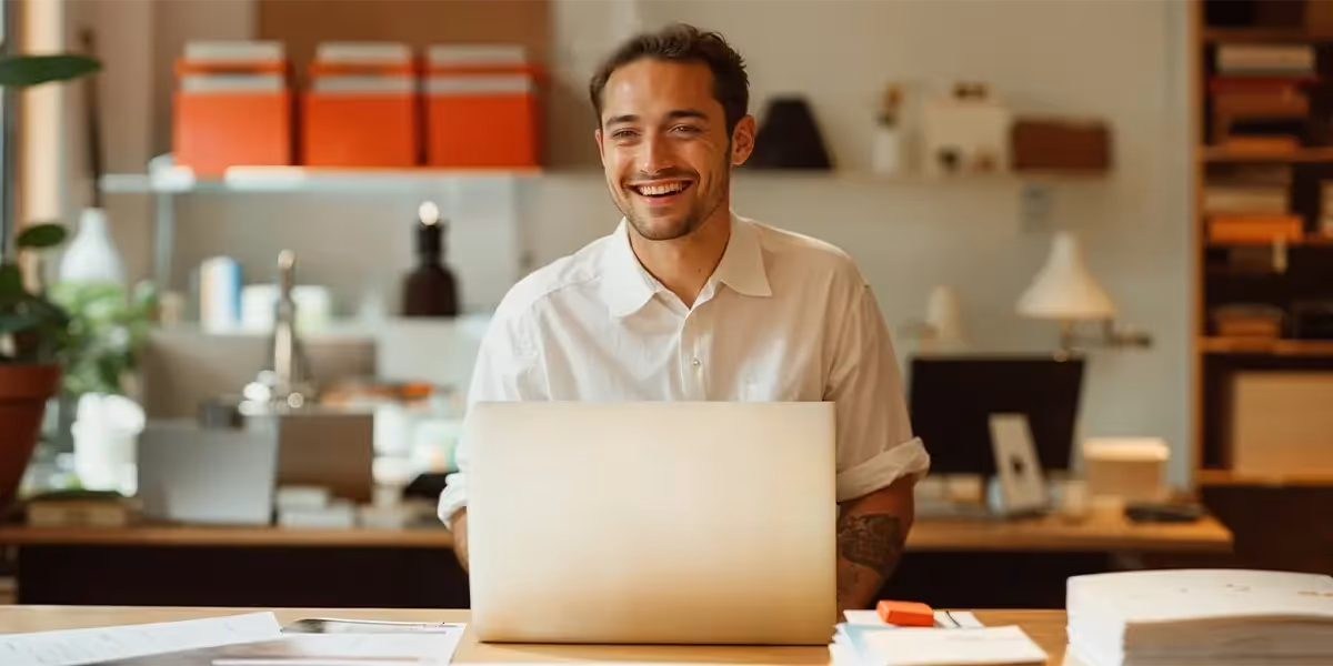 Homem sorridente sentado à mesa, trabalhando em um laptop, demonstrando saber como faturar na internet, em ambiente de escritório organizado