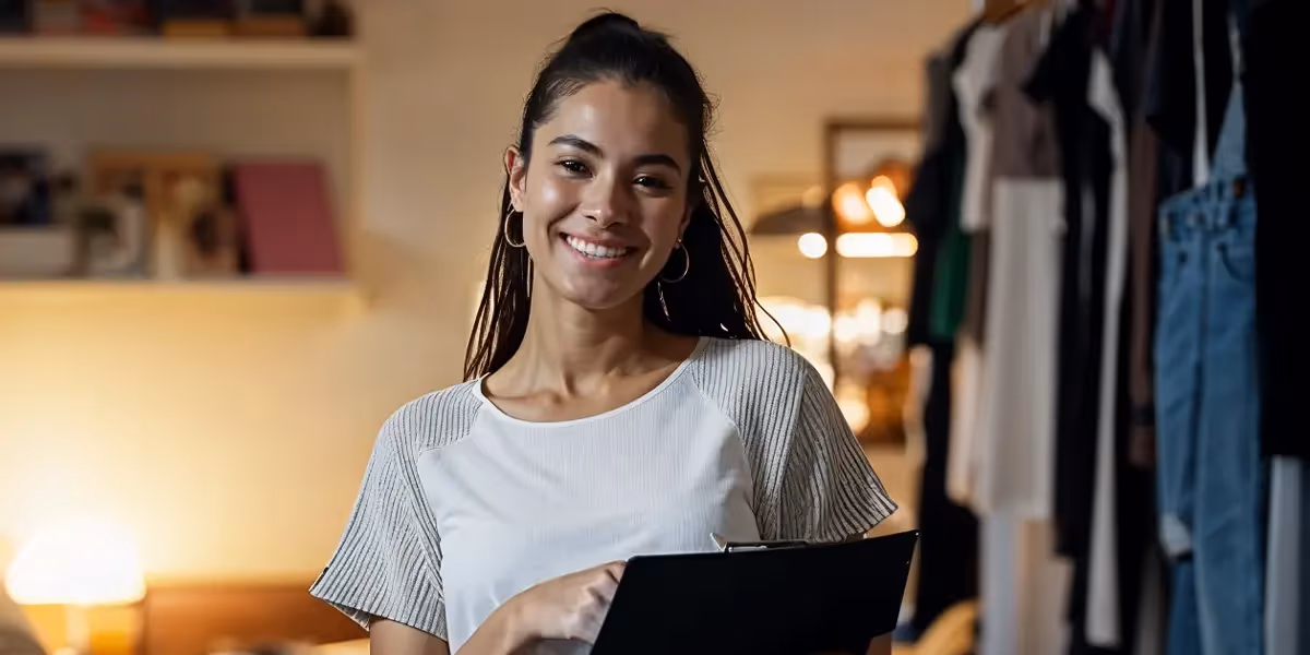 mulher em sua loja de roupas sorrindo ao ouvir dicas sobre como divulgar um produto.
