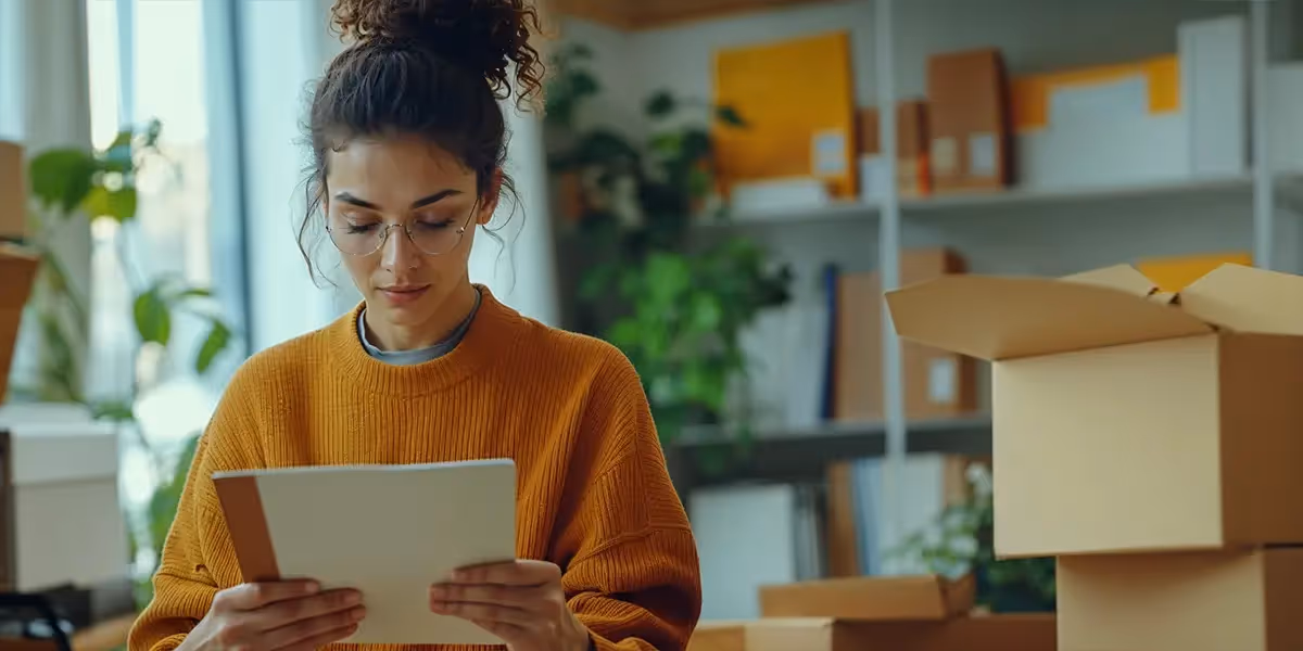 Mulher de óculos e suéter laranja, segurando um texto para reajuste de preço enquanto olha atentamente para ele. Ao seu redor, há caixas de papelão e prateleiras ao fundo, sugerindo um ambiente de escritório ou de armazenamento