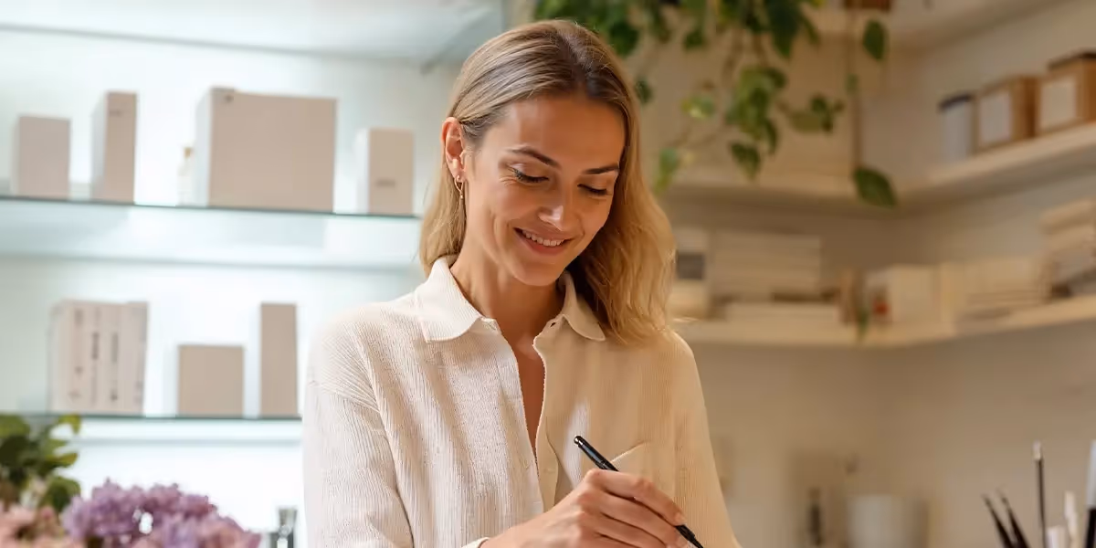 Mulher sorridente aprendendo como preencher um recibo em um ambiente iluminado, com prateleiras ao fundo.