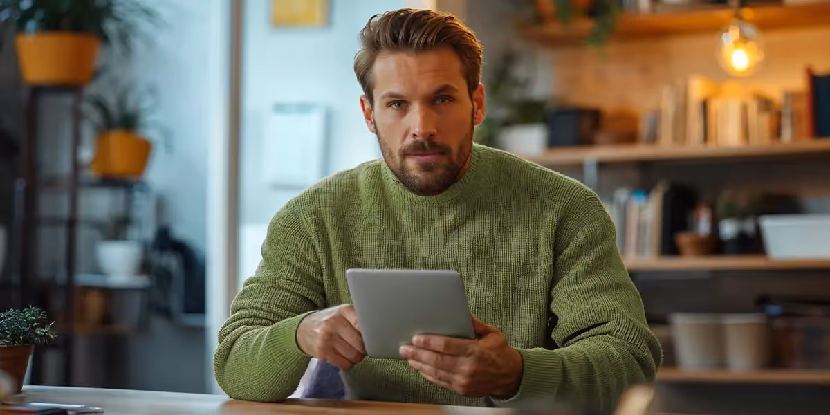 Homem de suéter verde segurando um tablet em um ambiente aconchegante, indicando uma possível pesquisa sobre despesas fixas e variáveis
