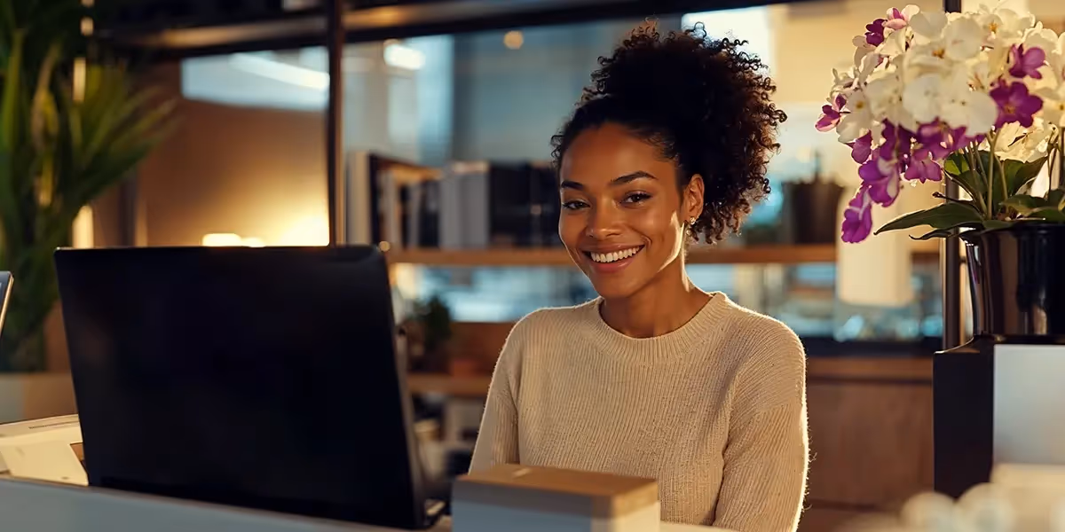 Mulher sorridente trabalhando em um laptop em um escritório moderno, com flores ao lado, representando um ambiente profissional relacionado a como criar um código de barras para produtos