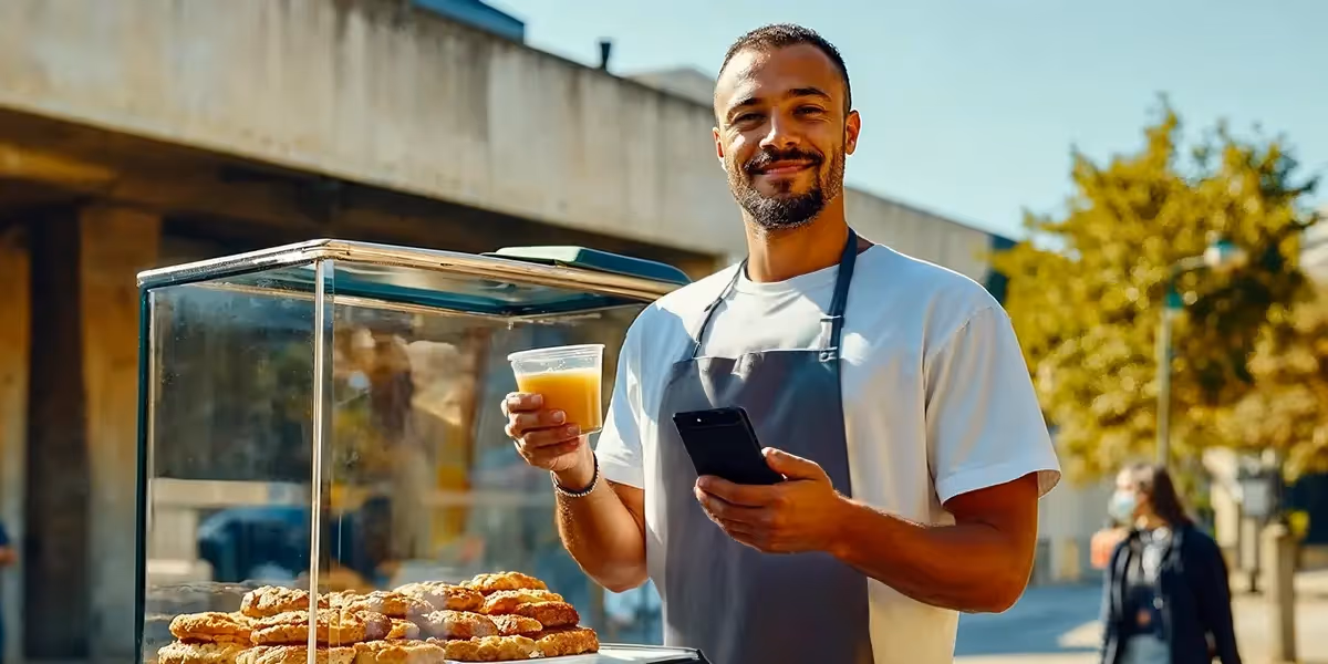 Vendedor ambulante sorrindo, segurando um copo de suco e um celular, ao lado de uma vitrine com produtos, em ambiente ao ar livre