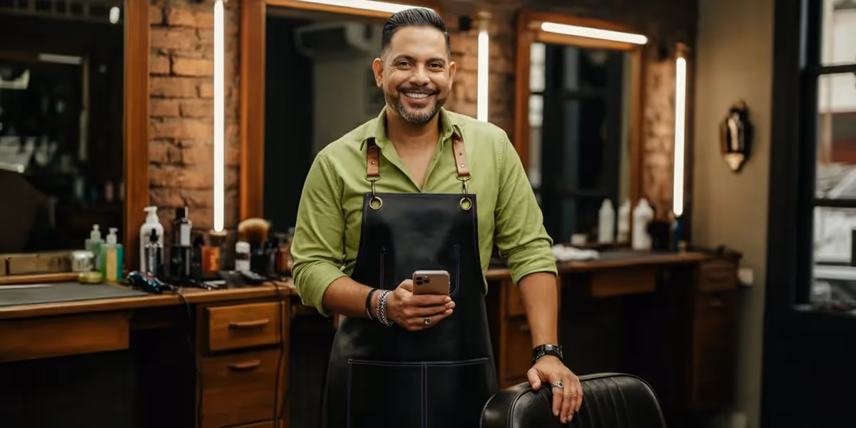 como pagar boleto pelo pix: homem em sua barbearia está de pé com uma mão apoiada em uma cadeira e o celular em outra mão, sorrindo para a câmera.