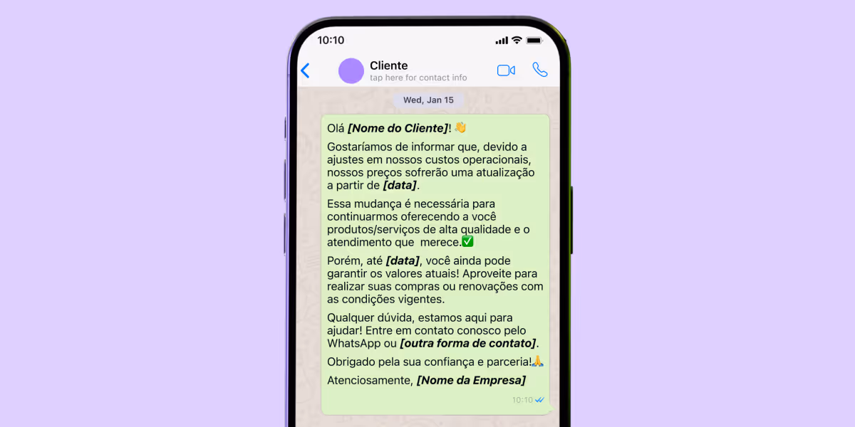 texto para reajuste de preço no whatsapp