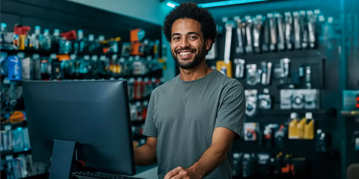 profissões mei: homem em sua loja de ferramentas, atrás do caixa e mexendo em seu computador. ele sorri para a câmera.
