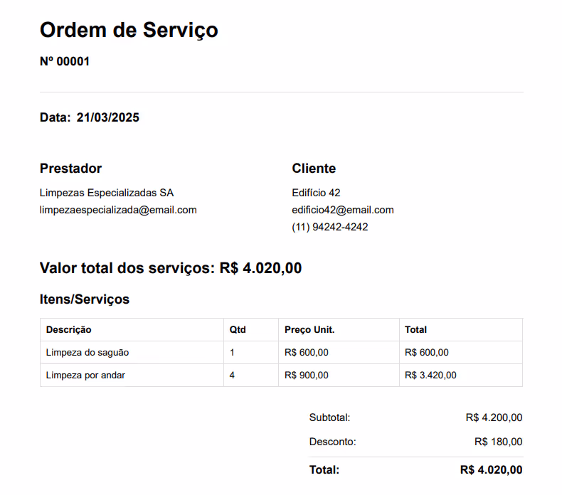 Ordem de serviço de limpeza exemplo