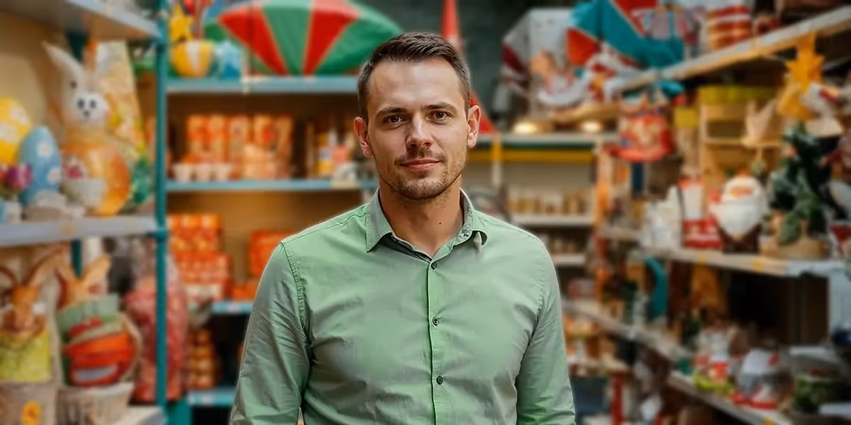 homem olhando para frente em uma ambiente de loja decorado para o natal indicando a sazonalidade do comércio