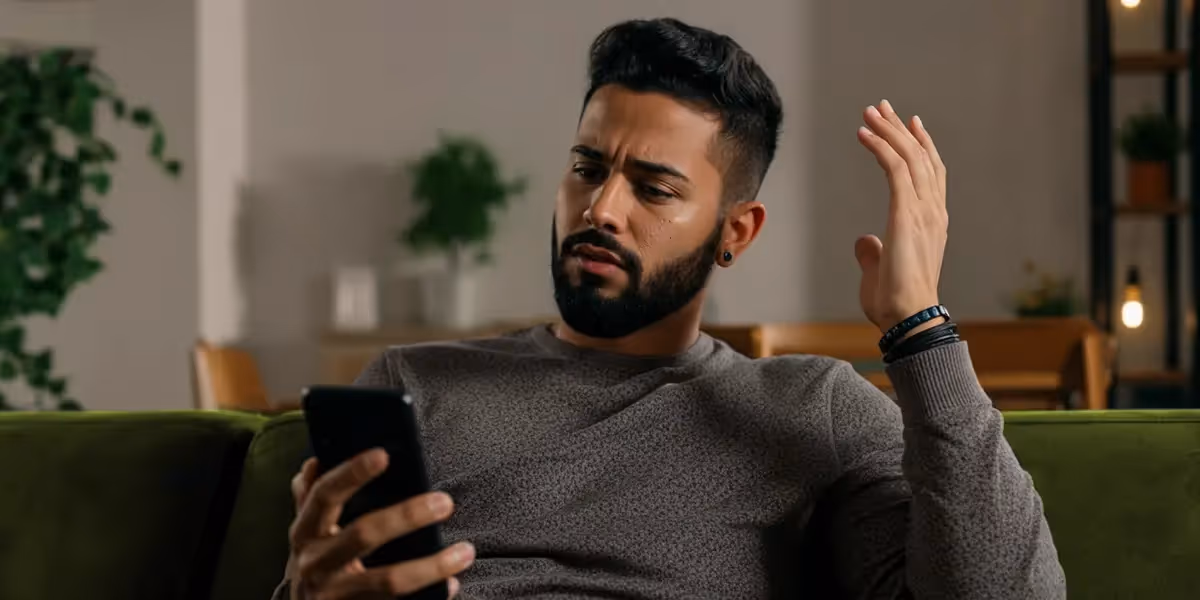 Homem sentado em um sofá olhando para o celular com dúvida, simbolizando a pergunta sobre o que é e como funciona o MED Mecanismo Especial de Devolução Pix