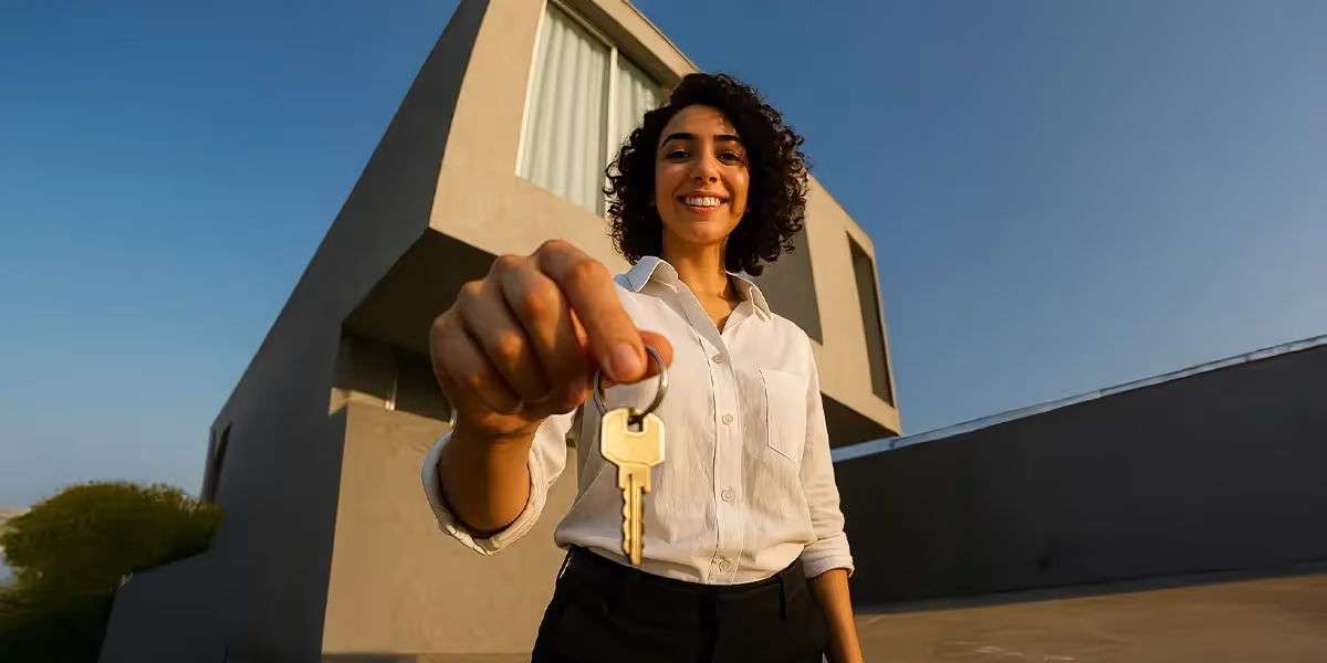 Mulher segurando uma chave com uma casa ao fundo simulando como funciona o empréstimo para financiamentos