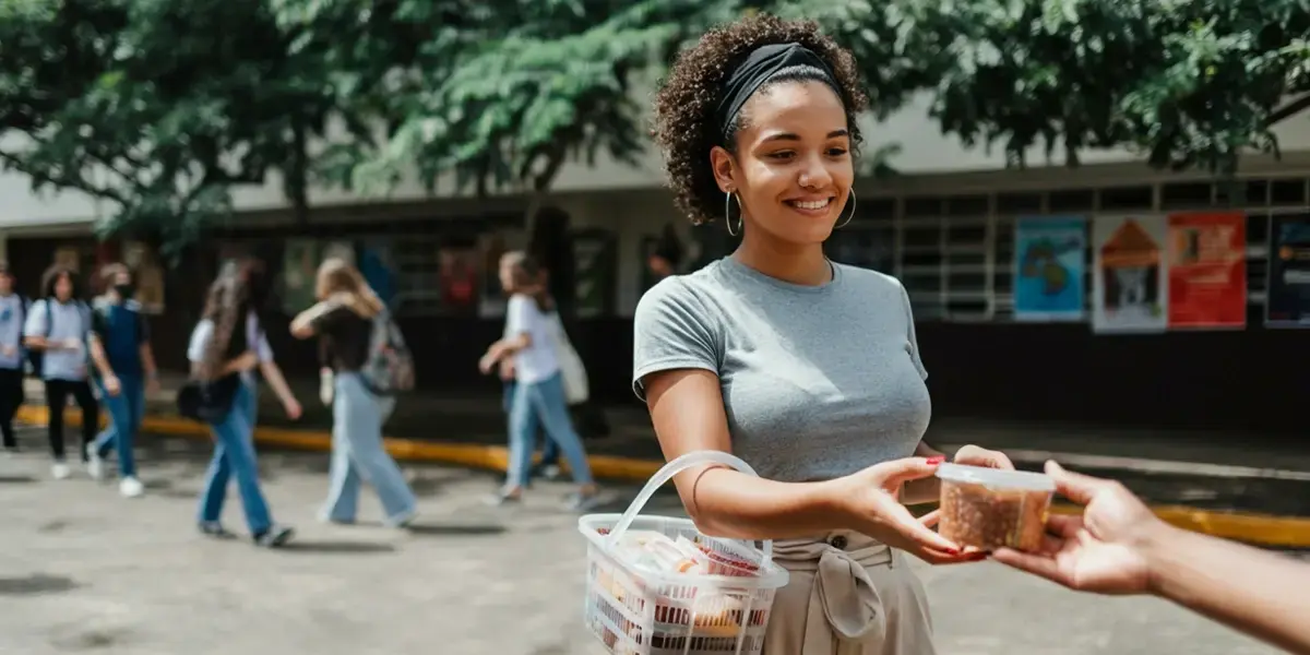 o que vender na faculdade: estudante sorridente vendendo potinho de doces na entrada do campus universitário.