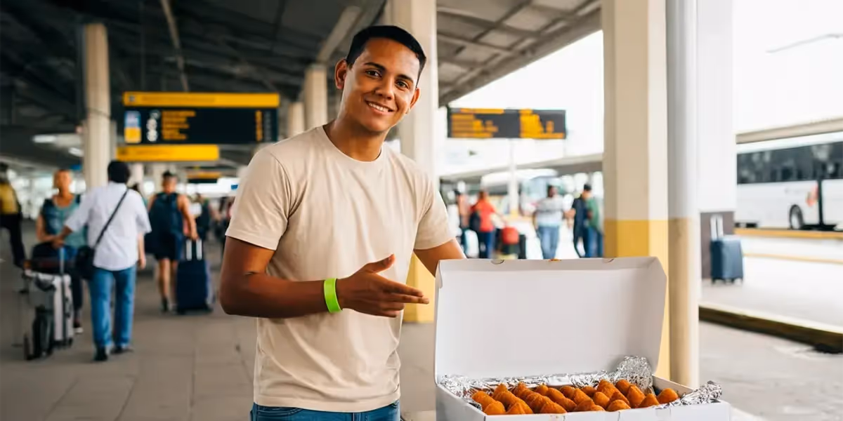 salgados para vender na rua sendo oferecidos por um vendedor em rodoviária, com uma caixa aberta cheia de coxinhas.