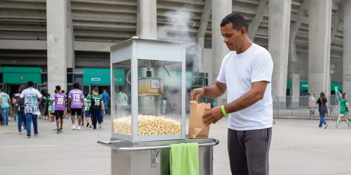 comidas para vender na rua: homem preparando saco de pipoca em carrinho de pipoca diante de estádio esportivo.