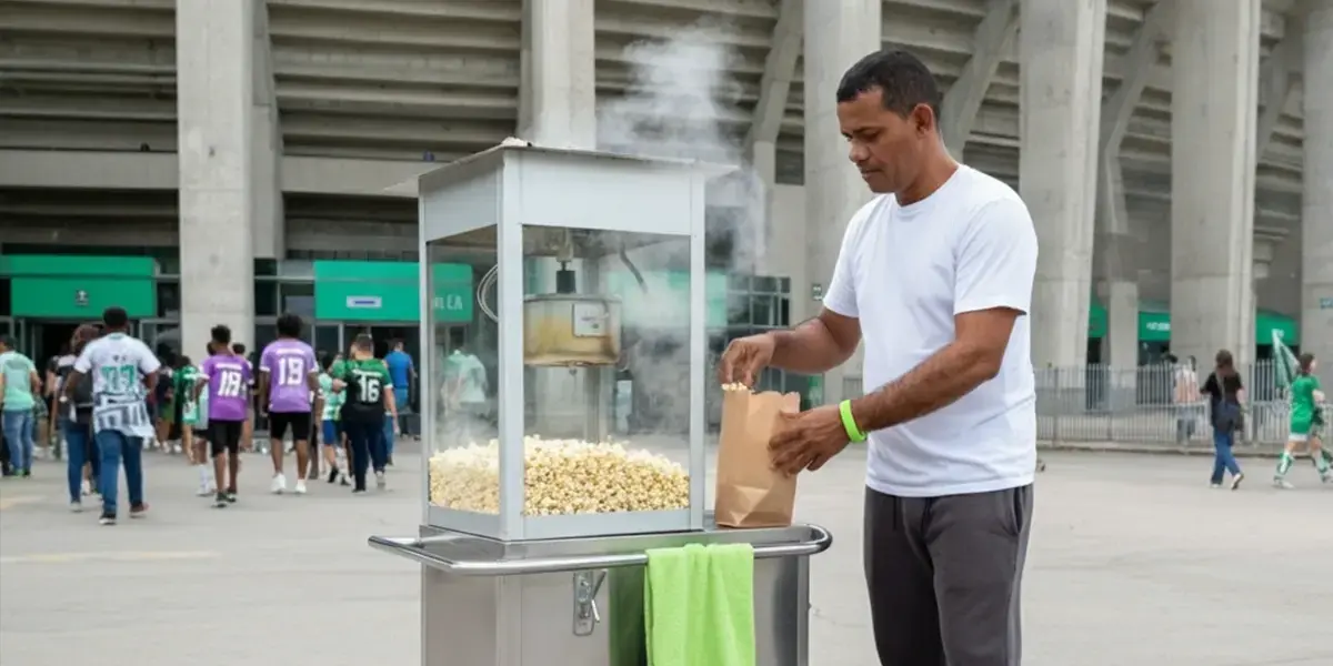 comidas para vender na rua: homem preparando saco de pipoca em carrinho de pipoca diante de estádio esportivo.