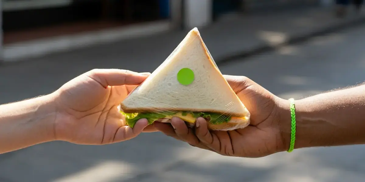 lanches para vender na rua: sanduíche triangular embalado sendo entregue de uma mão para outra.