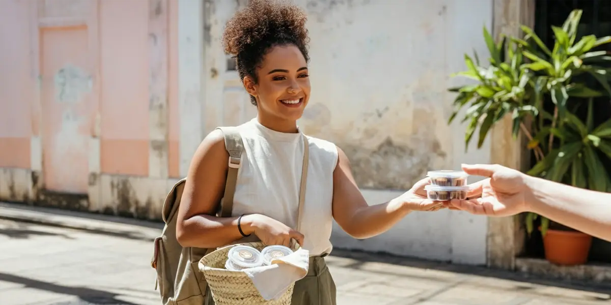 como vender brigadeiro na rua: mulher sorridente oferece um brigadeiro na calçada de uma rua colorida.