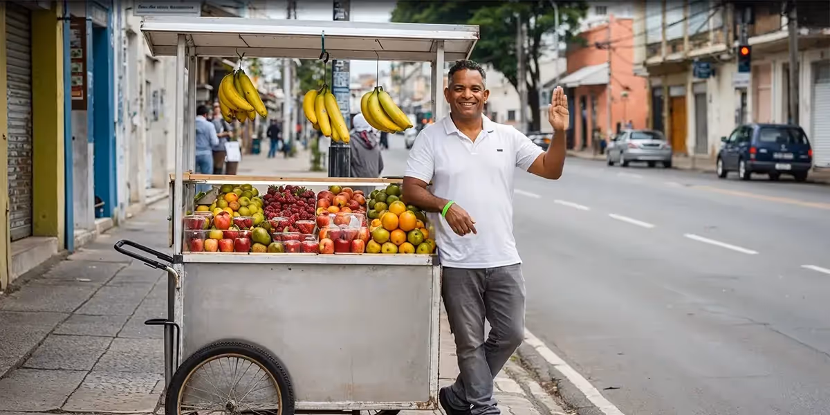 vendedor ambulante pode vender em qualquer lugar com carrinho de frutas diversas parado na calçada e homem sorridente acenando ao lado.