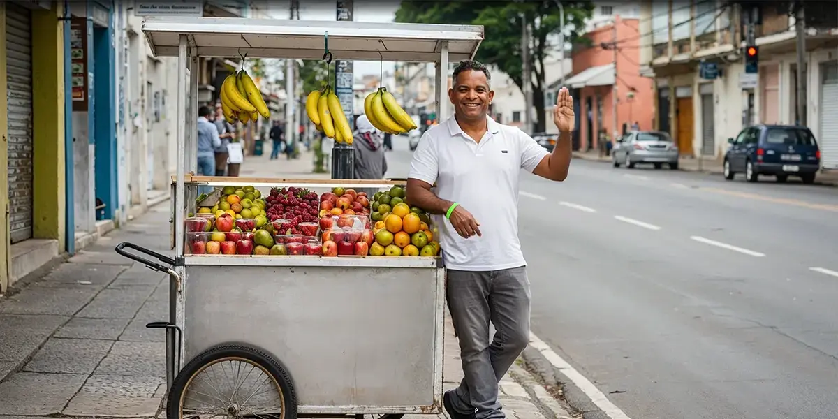 vendedor ambulante pode vender em qualquer lugar com carrinho de frutas diversas parado na calçada e homem sorridente acenando ao lado.