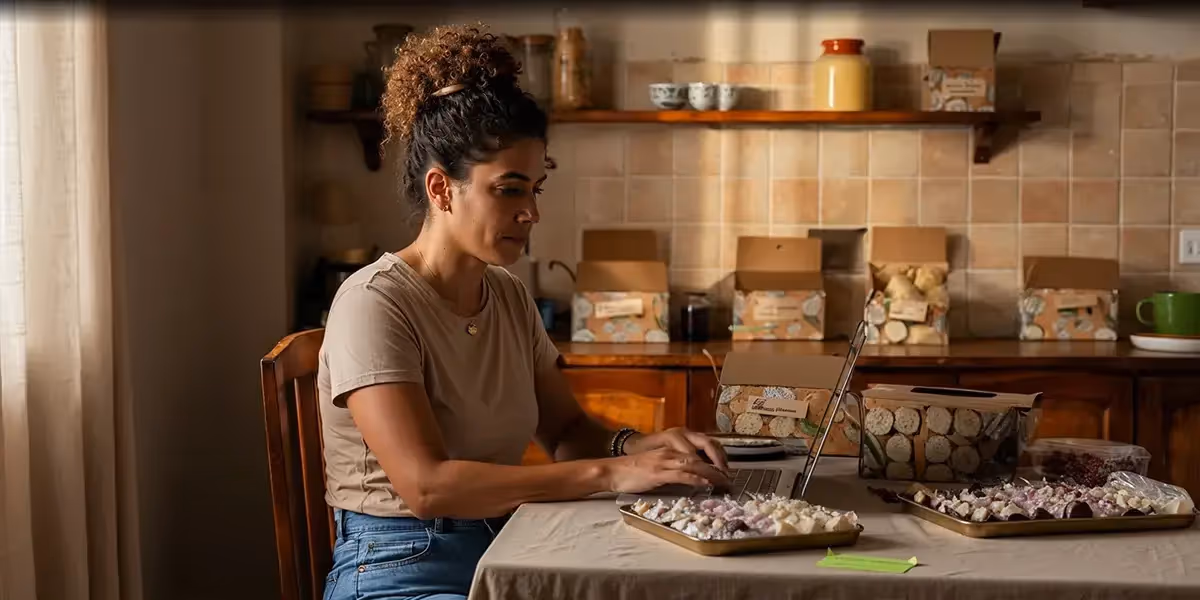 licença para vender na rua sendo pesquisada por mulher empreendedora enquanto organiza doces artesanais em casa.