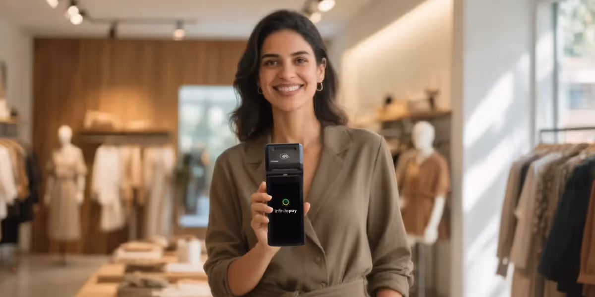 Atendente sorridente segura máquina InfinitePay em loja de roupas, exemplificando solução de cartão.
