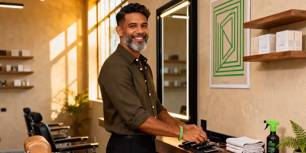 nomes para barbearia com ambiente moderno e barbeiro sorridente organizando ferramentas em frente ao espelho