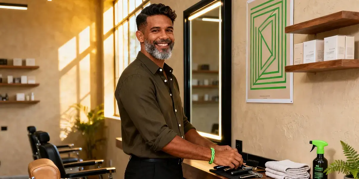 nomes para barbearia com ambiente moderno e barbeiro sorridente organizando ferramentas em frente ao espelho