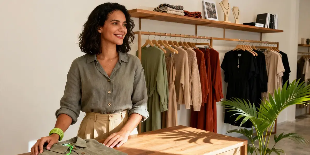 nomes para loja feminina com roupas elegantes em araras e mulher sorridente atrás do balcão de madeira
