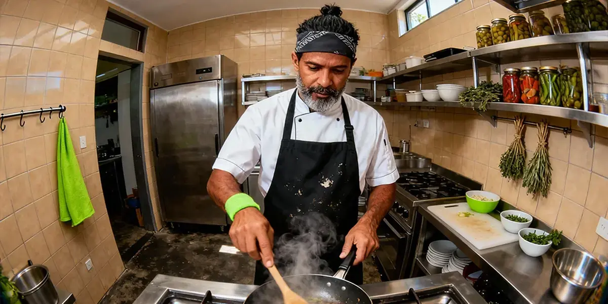 nomes para restaurantes chef cozinhando em cozinha profissional com utensílios, temperos e ingredientes ao fundo.
