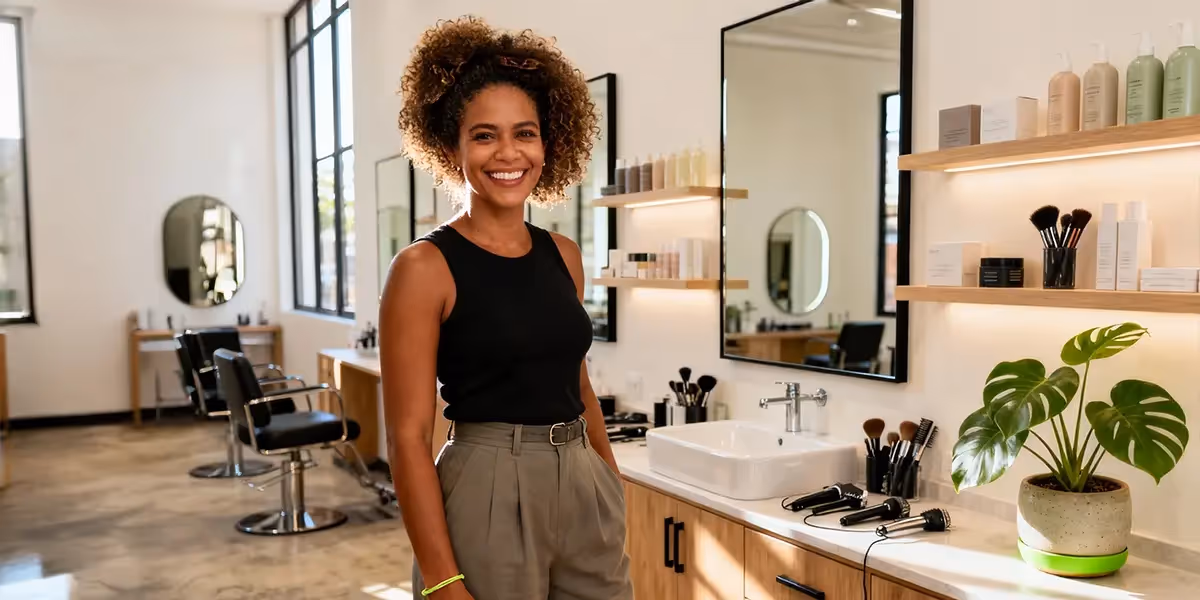 Nomes para salao de beleza com ambiente moderno, profissional sorridente e bancadas organizadas com produtos e equipamentos de beleza.