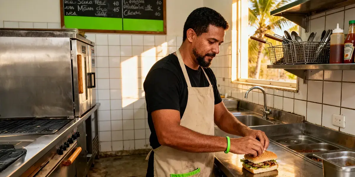 nomes para lanchonete homem preparando sanduíche em cozinha profissional com equipamentos e utensílios ao fundo.