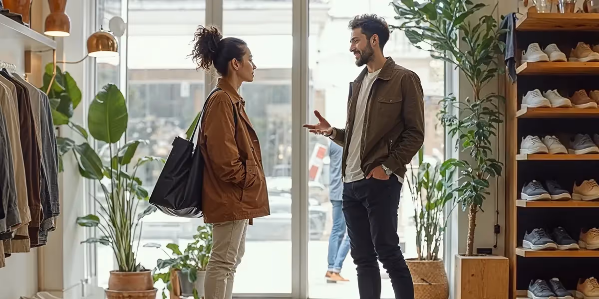 Homem e mulher em uma loja conversando sobre os tipos de clientes.
