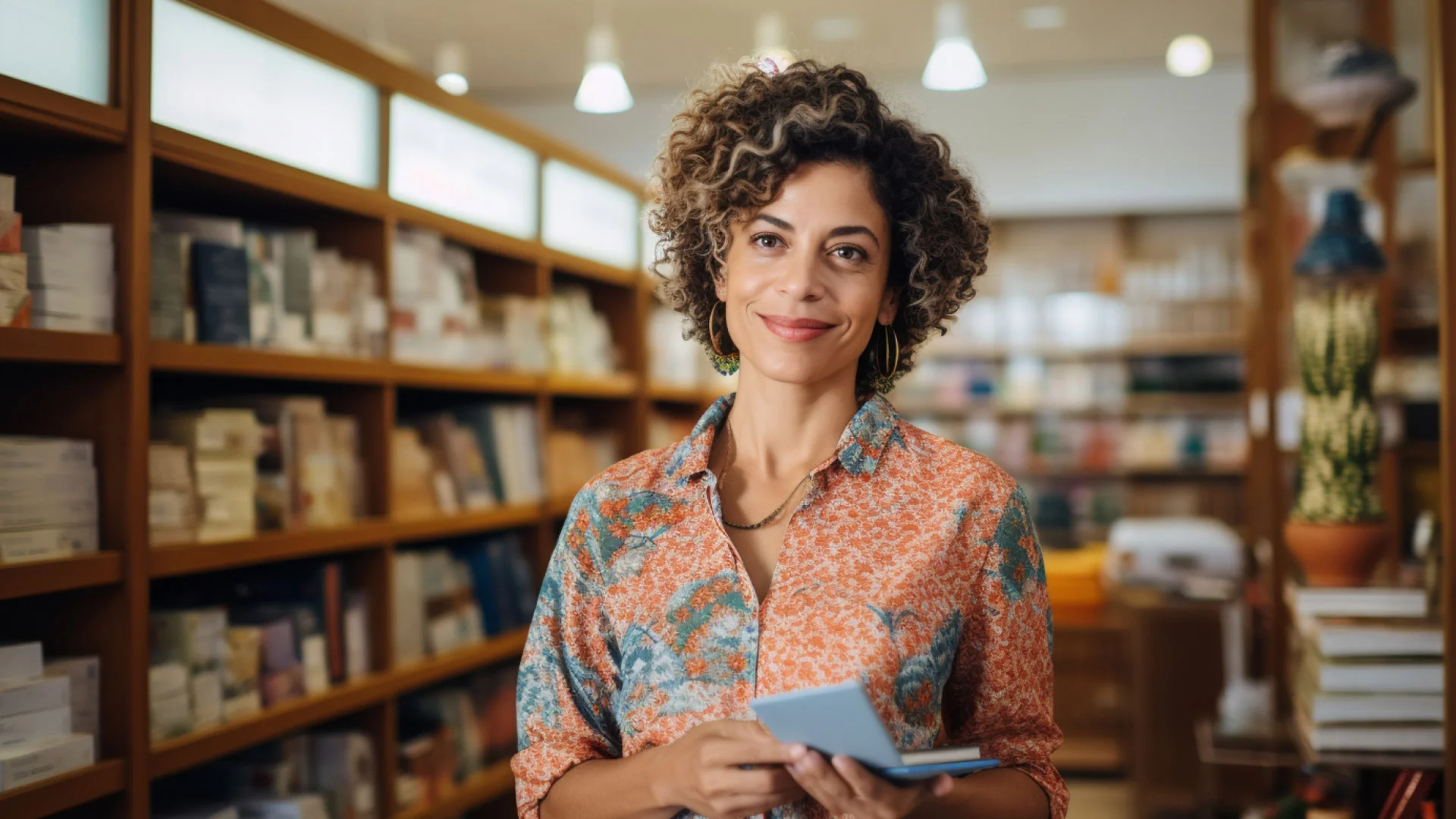 Foto que ilustra artigo sobre como precificar um produto mostra mulher de cabelos curtos e cacheados, camisa estampada e sorrindo, com um celular na mão. Ela está em um empório