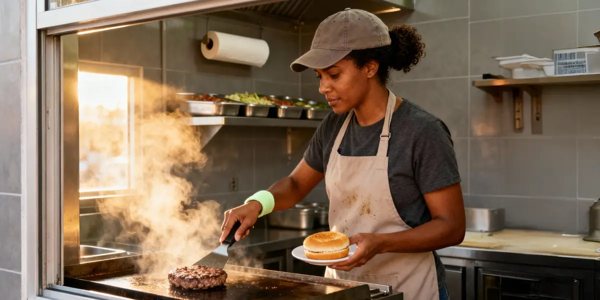 nomes para hamburgueria mulher preparando hambúrguer em chapa quente dentro de cozinha profissional.