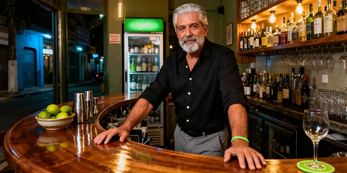 nomes para bar com bartender de camisa preta em balcão de madeira polida, com garrafas e copos ao fundo.