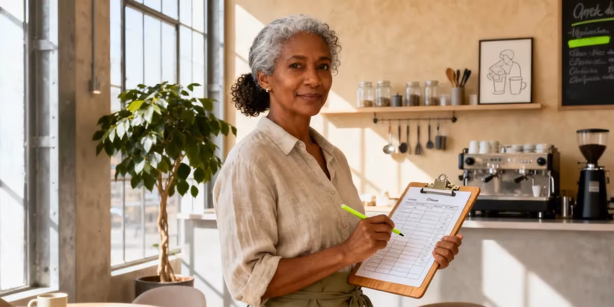 nomes para cafeteria preenchimento de checklist por funcionária em ambiente de café moderno e iluminado.