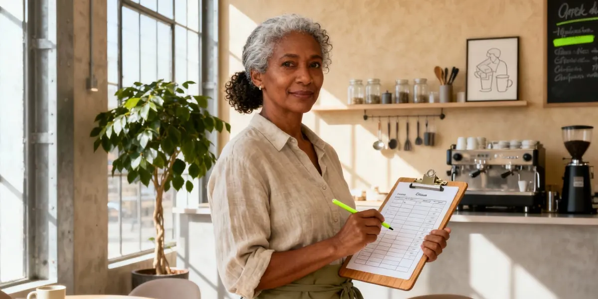 nomes para cafeteria preenchimento de checklist por funcionária em ambiente de café moderno e iluminado.