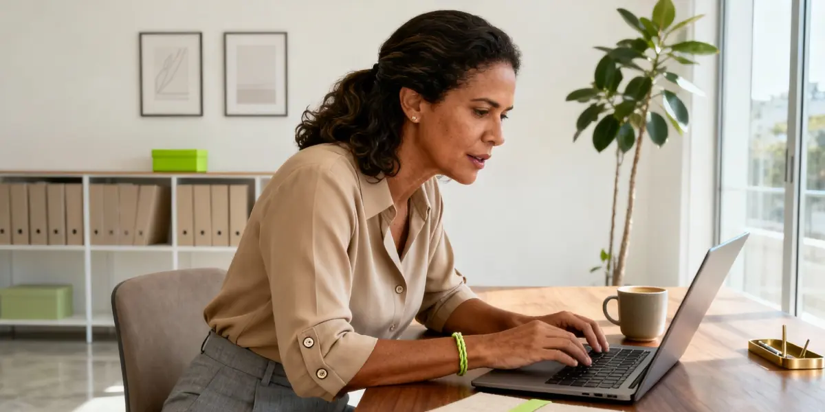 Ideias de nomes para empresa digitadas por mulher sentada em escritório moderno usando notebook.