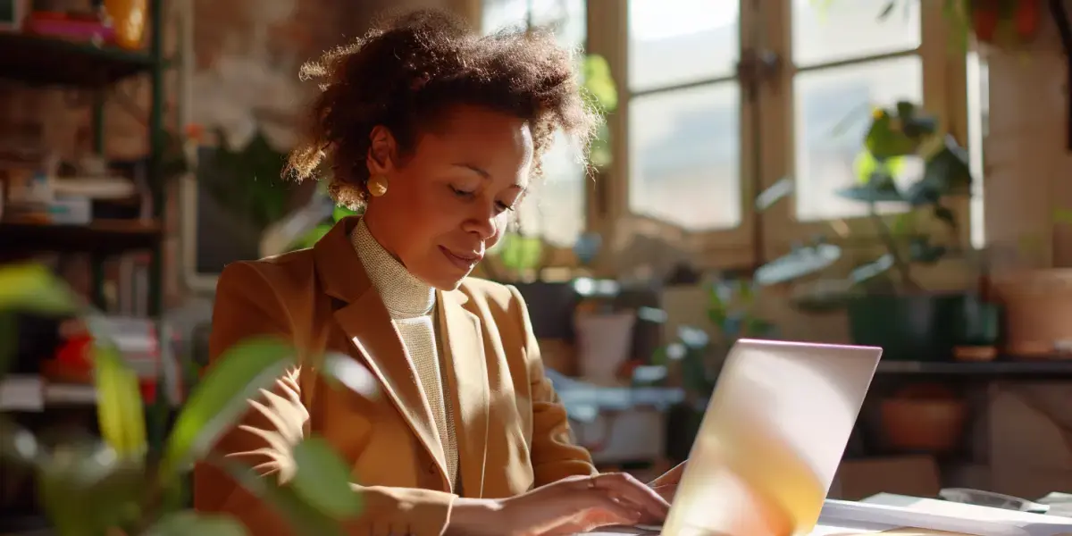 Mulher em seu ateliê, pesquisando em seu notebook como gerar boleto online grátis.