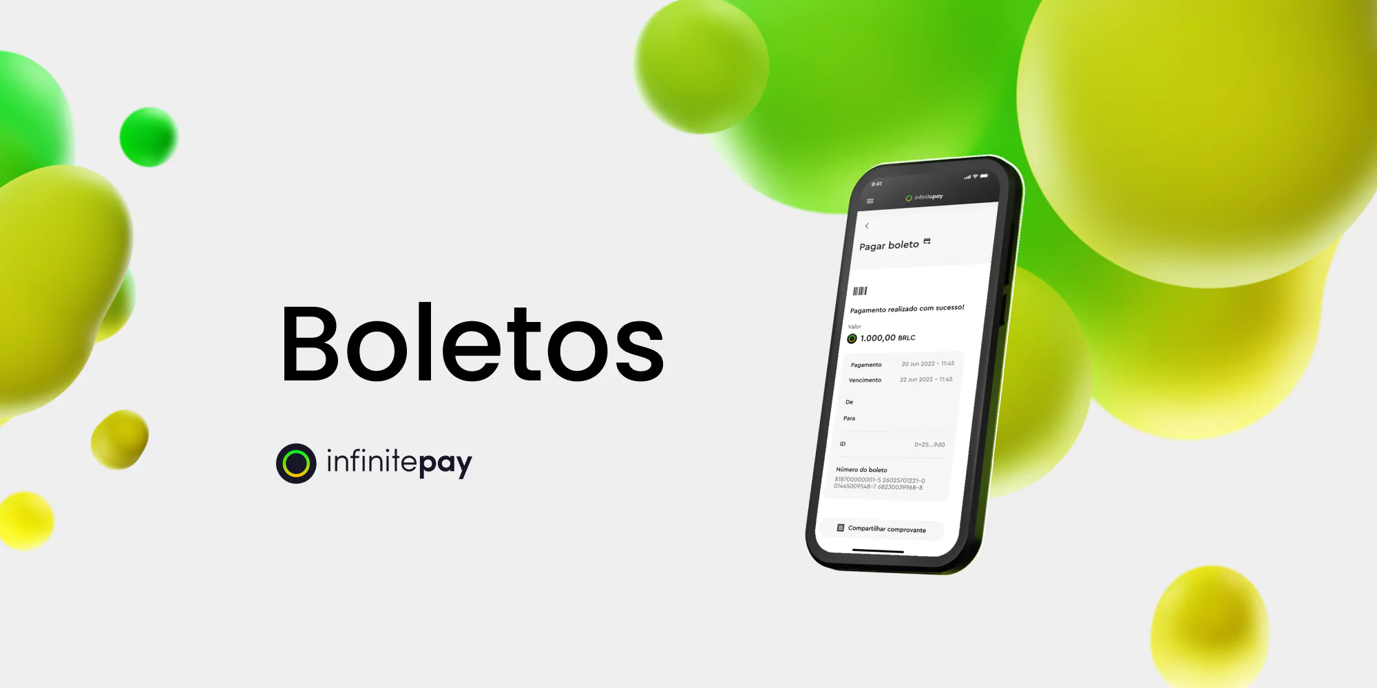 banner gráfico com o nome Boletos e um smartphone mostrando a area de boleto no app da infinitePay