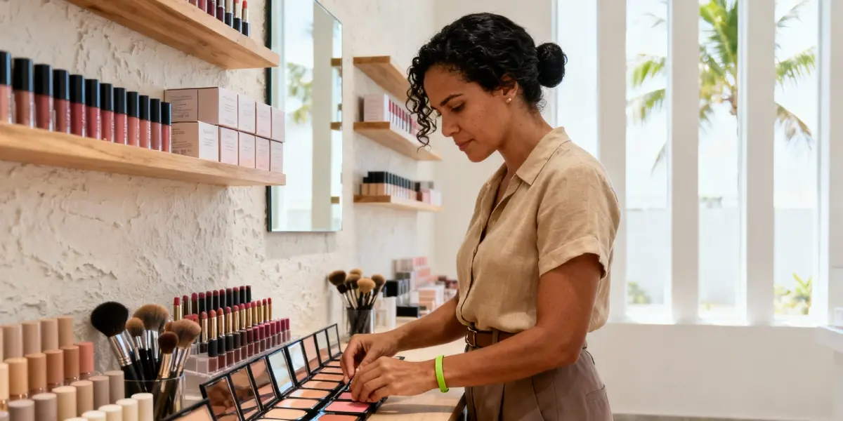 nomes para loja de maquiagem mulher escolhendo produtos em prateleira de loja de cosméticos bem iluminada.