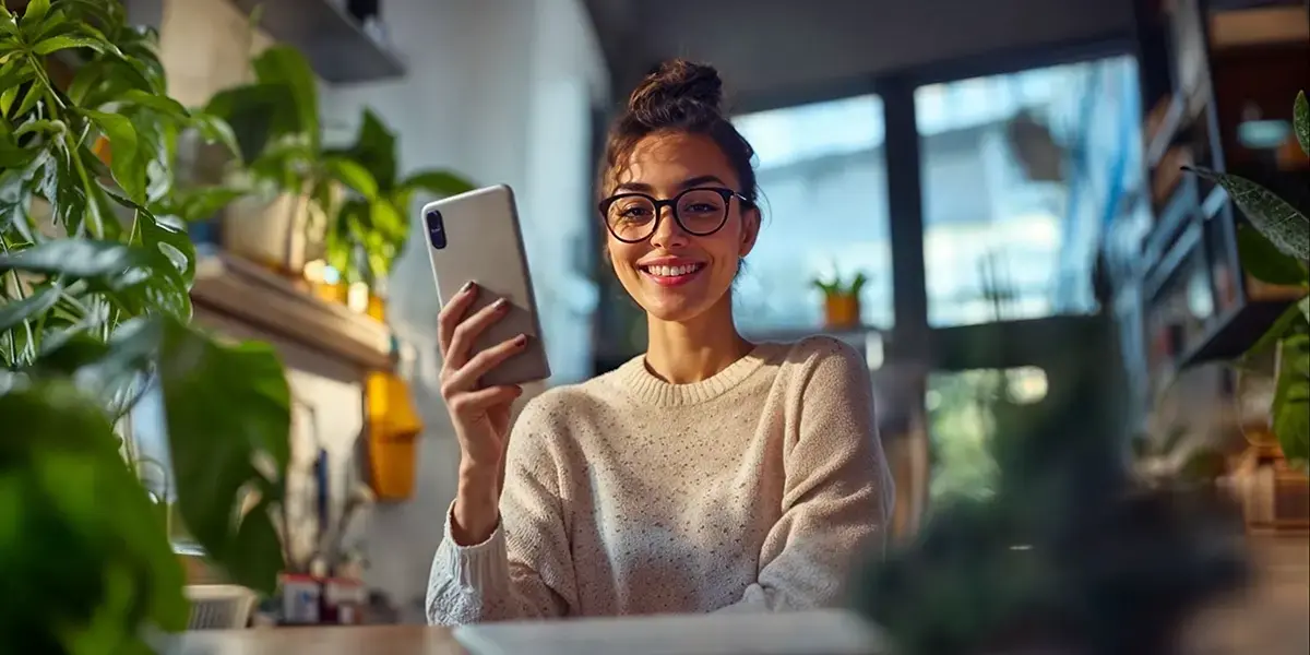 mulher em seu escritório, com várias plantas ao redor de sua mesa. ela está com o celular na mão e sorrindo para a câmera, após ler um artigo sobre o que é esocial.