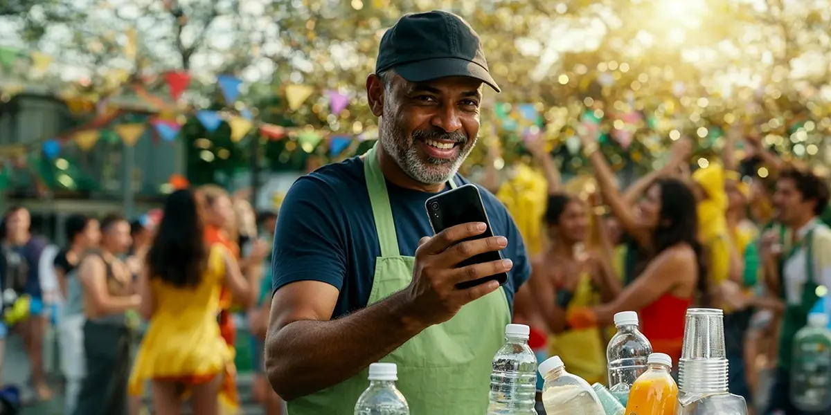 homem em sua tenda de bebidas com o celular na mão e sorrindo para a câmera. ao fundo, uma festa de carnaval. ele acaba de fazer uma venda adiquirida através de uma promoção de carnaval que ele aplicou em seu negócio para vender mais.